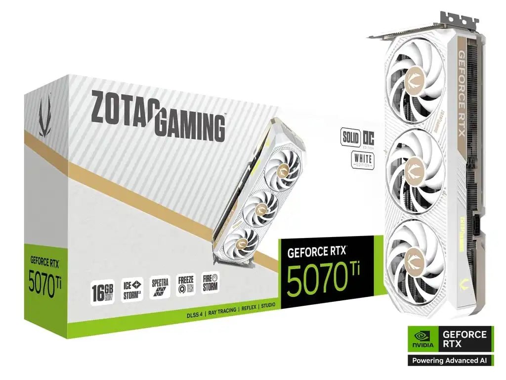 ZOTAC GAMING GeForce RTX 5070 Ti SOLID CORE OC White Edition Graphic Card | ZT - B50710Q2 - 10P - 8886307700810 - Vektra Computers LLC ZOTAC GAMING GeForce RTX 5070 Ti SOLID CORE OC White Edition Graphic Card | ZT - B50710Q2 - 10P - 8886307700810 - Vektra Computers LLC